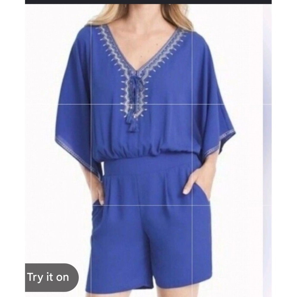 White House Black Market Royal Blue Embroidered Kimono Sleeve Romper Resort Boho